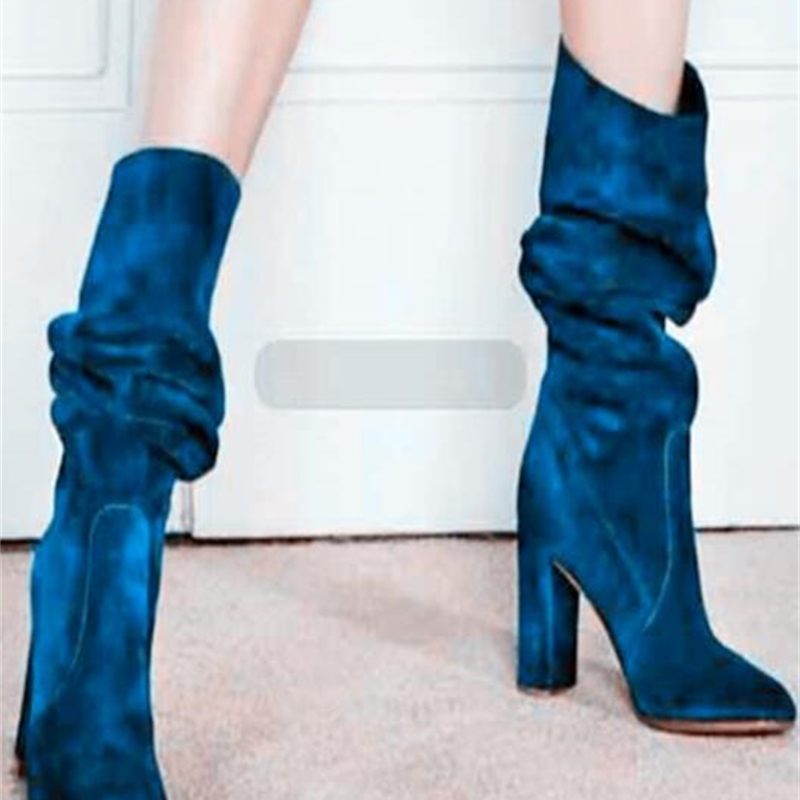 

2021 Fashions Blue Green Round Toe Suede Leather Plied at Knee Height High-heeled Robust Woman Gliding-on Thick Heels High Boots Long Yllq, The picture