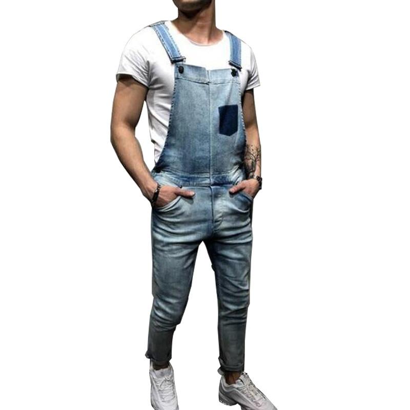 

MORUANCLE Men Fashion Denim Bib Overalls Hi Street Jeans Jumpsuits For Man Suspender Jeans Washed Blue Size -XXL