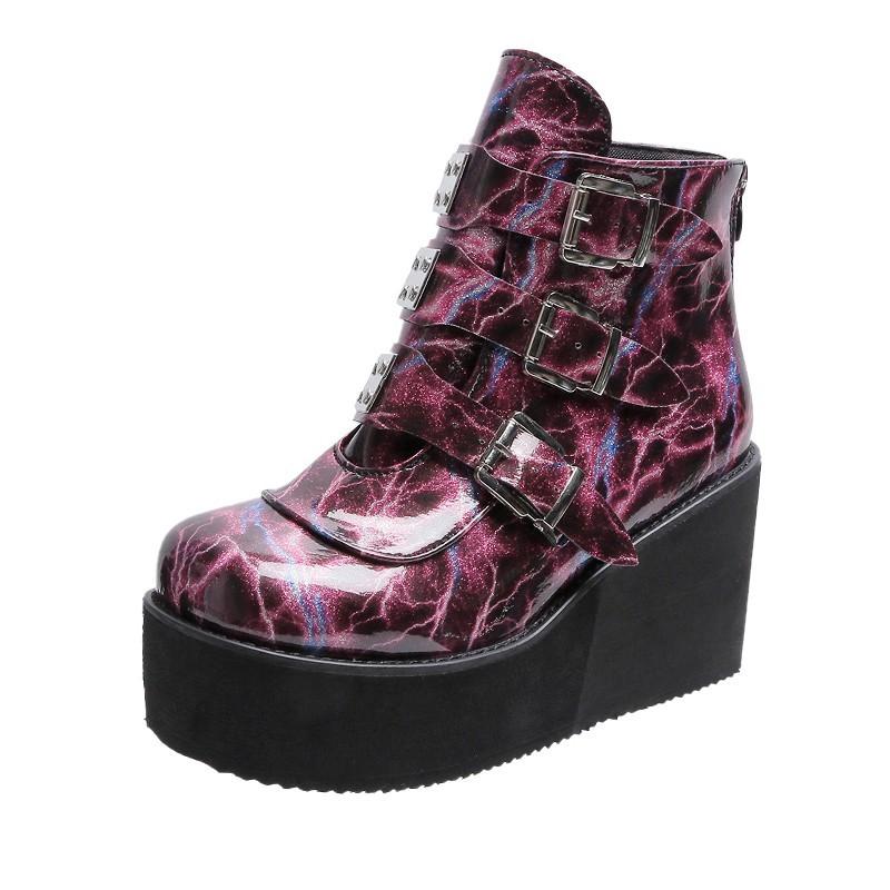 

2020 Winter Metal Buckle Ankel Boots Women Punk Female Platform Boots Wedges High Heels PU Women, Black