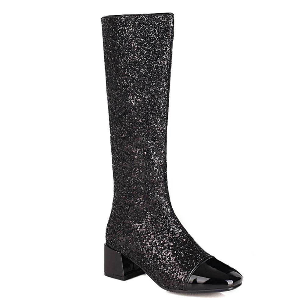 

Glitter Stitching Patent Leather Knee-Length Boots Sequined Thick Heel Square Toe Shiny Women's Boots Winter Short Plush Shoes, Black