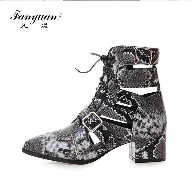

Fanyuan Fashion belt buckle Ankle Boots Cool Snakeskin pattern Motorcycle boots Pointed Toe Lace-Up Summer Women Shoes1, Brown