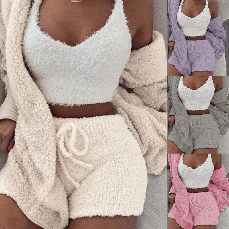 

2 Pcs/set Winter Sexy Women Home Wear Suit Casual Pajamas Set Lady Female Soft Warm Long Sleeve Shorts Set FY9256