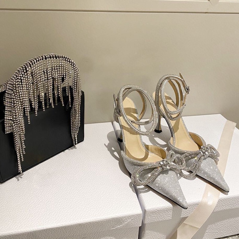 

2021 Women Dress Shoes Bling Blings Sequins Heels Weddings Pumps Pointed Toe Slip On High Heel Wedding Metal Bow Diamond Glitter Shoe Mach, Grey