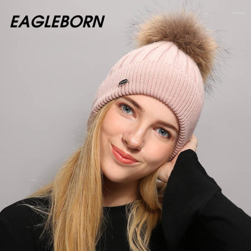 

EAGLEBORN logo winter hat for women wool knitting hat beanies 15cm real pom poms Skullies girls1, White