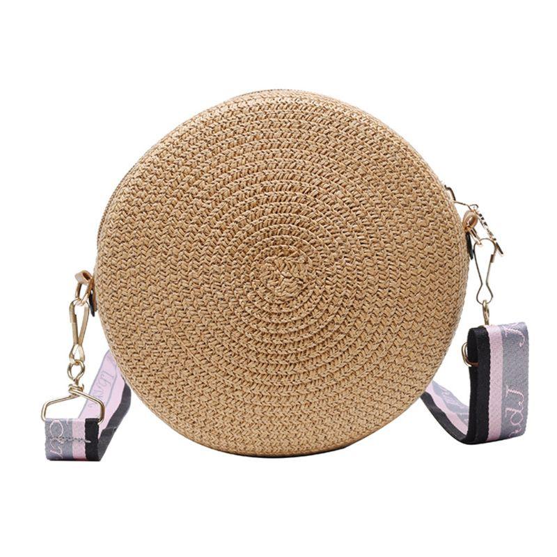 

Women Fashion Round Shoulder Bag Ladies Straw Weave Summer Crossbody Tote 20CA, White