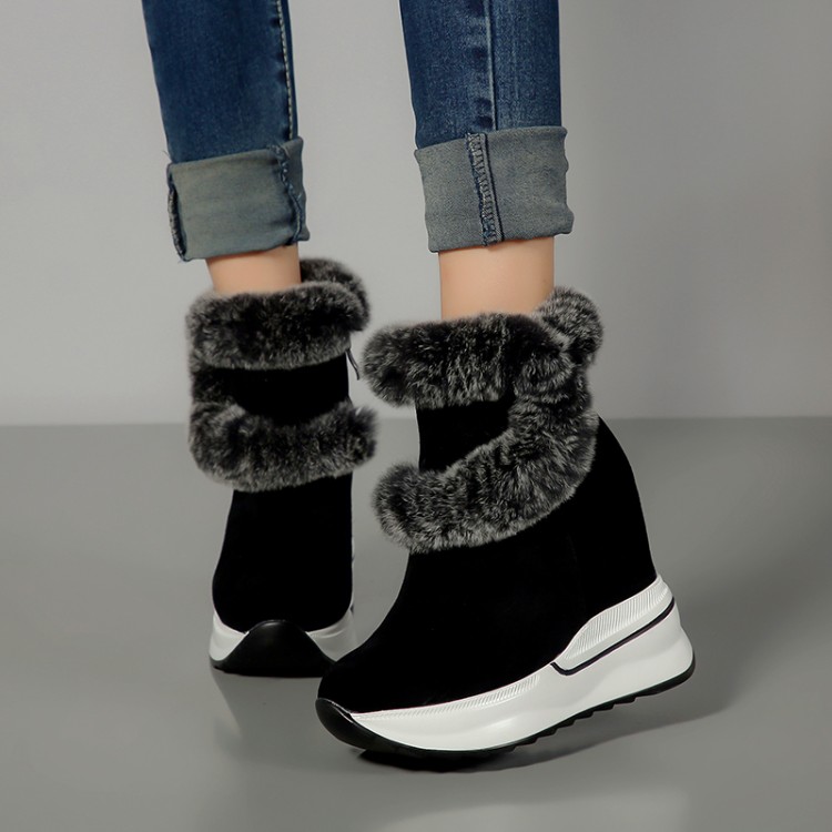 

2020 Fashion women's Genuine Leather Ankle boots Wedge Shoes Casual Comfortable Warm woman snow boots winter shoes, Black