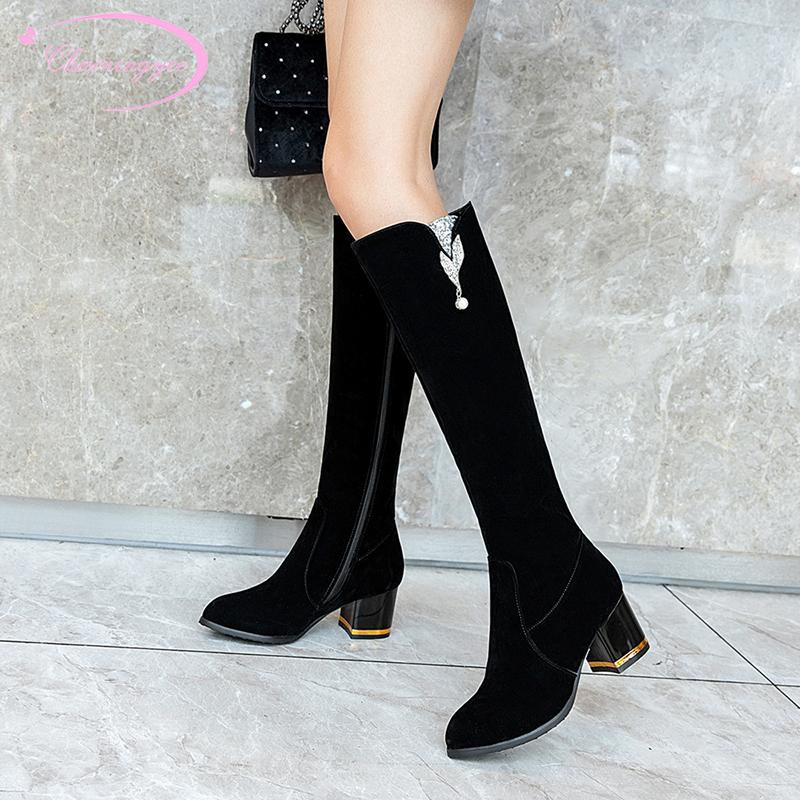 

Party style round toe flock knee-high boots fashion crystal beading black high-heeled chunky riding boots women's shoes big size
