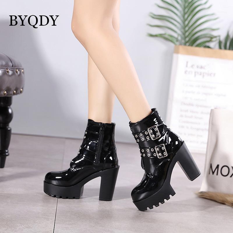 

BYQDY High Heels Woman Boots Block Heel Gothic Black Punk Platform Shoes Patent Leather Round Toe Buckle Boots For Christmas1, Black boots