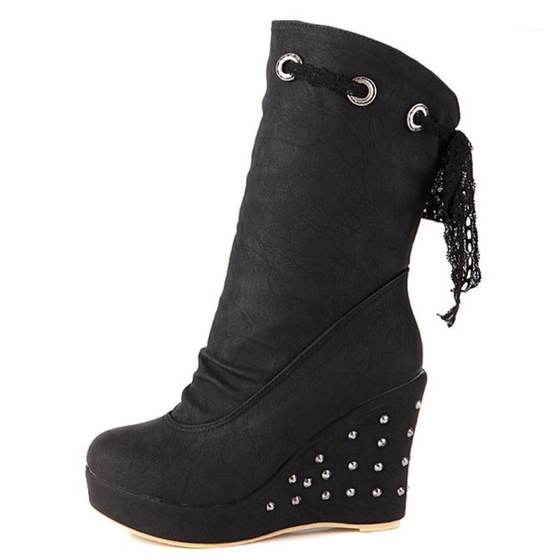 

Lace Wedge Heel Mid-Calf Boots Platform Rivet Platform Super High Heel Winter Boots Cute Student Shoes1, Black