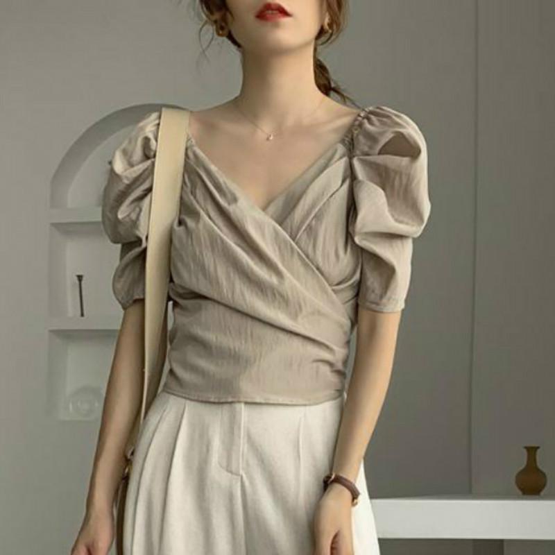 

Elegant Chiffon Blouse Women Puff Sleeve French Style Tops Office Lady Summer Casual Japan Style Korean Blouse Women 2020, White