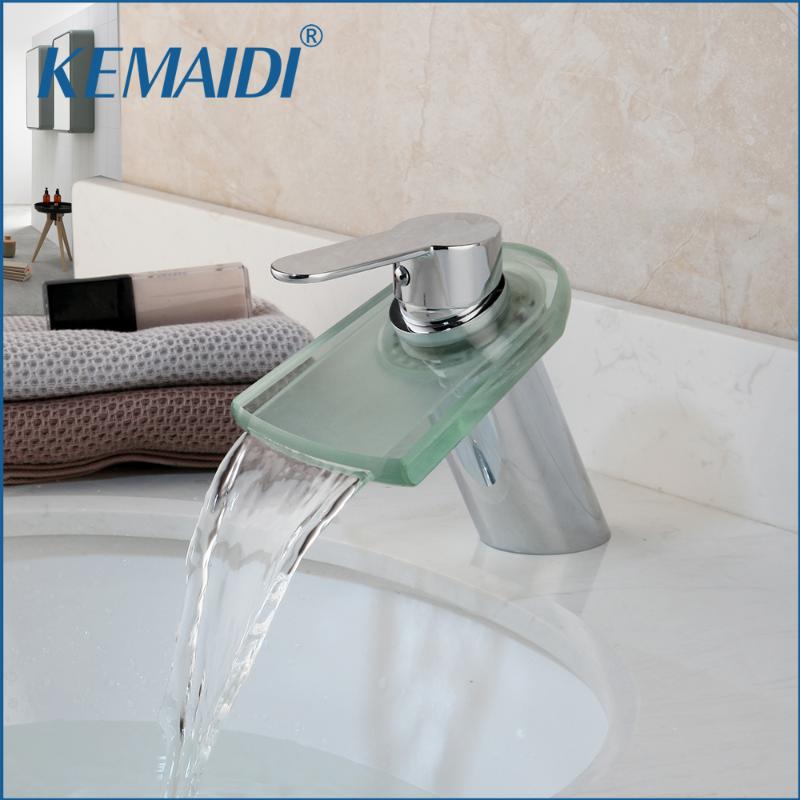 

KEMAIDI Bathroom Basin Sink Faucet Deck Mounted Vessel Tap Mixer Faucet Glass Waterfall Wash Basin 1 Handle Chrome