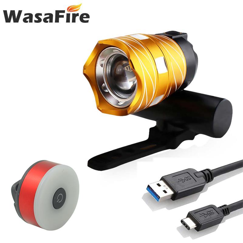 

15000lm T6 LED Zoomable Bike Front Light + Red Tail Rear Light, Bicycle Headlight USB rechargeable bike lamp Cycling Flash Light