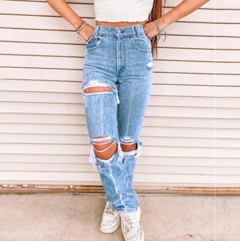 

Hole in Women's Breech Breeches Button Waist High Casual Street Denim Female 2021 Spring Will See Loose Pants P2122 C7n6, Black