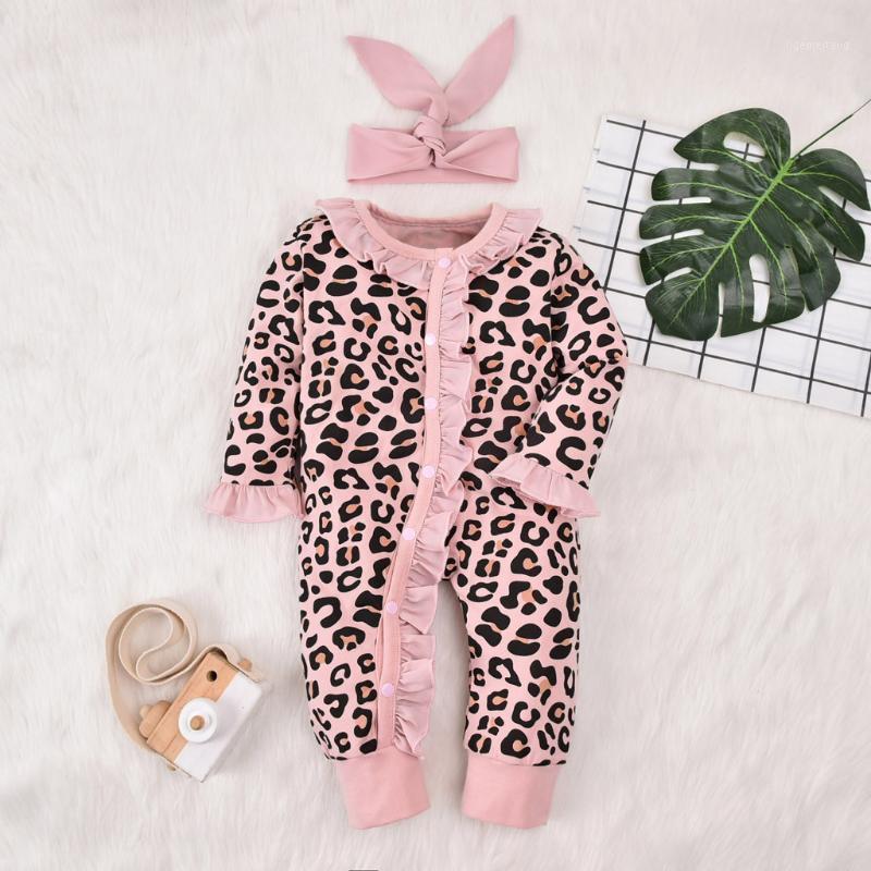 

Newborn Baby Girl Clothes Flare Sleeve Leopard Printed Jumpsuit Boys Romper Long Sleeve Tops+Headbands Infant Outfits bebes1, Pink
