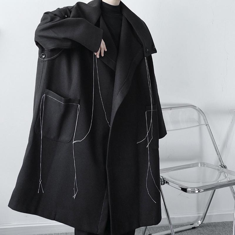 

New Male Japan Streetwear Black Wool Cardigan Jacket Overcoat Men Autumn Winter Woolen Long Trench Coat Outerwear, W1871