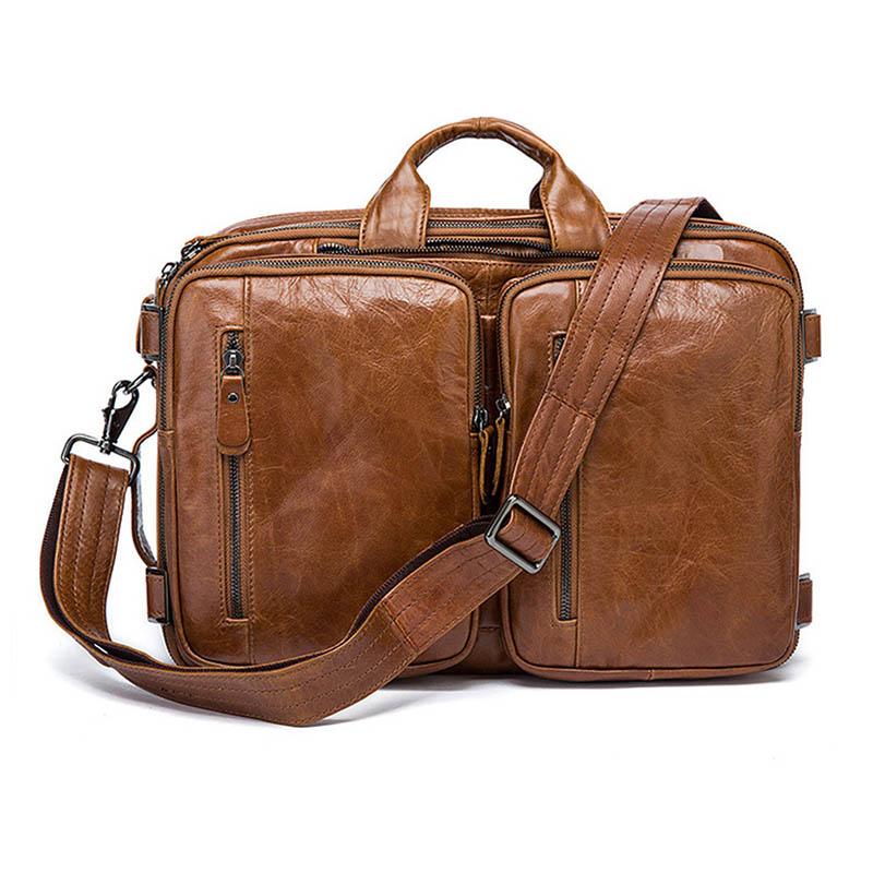 

MAHEU Genuine Leather Men Travel Briefcase Tote Bag Bagpack 3 In 1 Bag 15.6"Laptop Weekend Bags Cowhide Business Tote, Brown1
