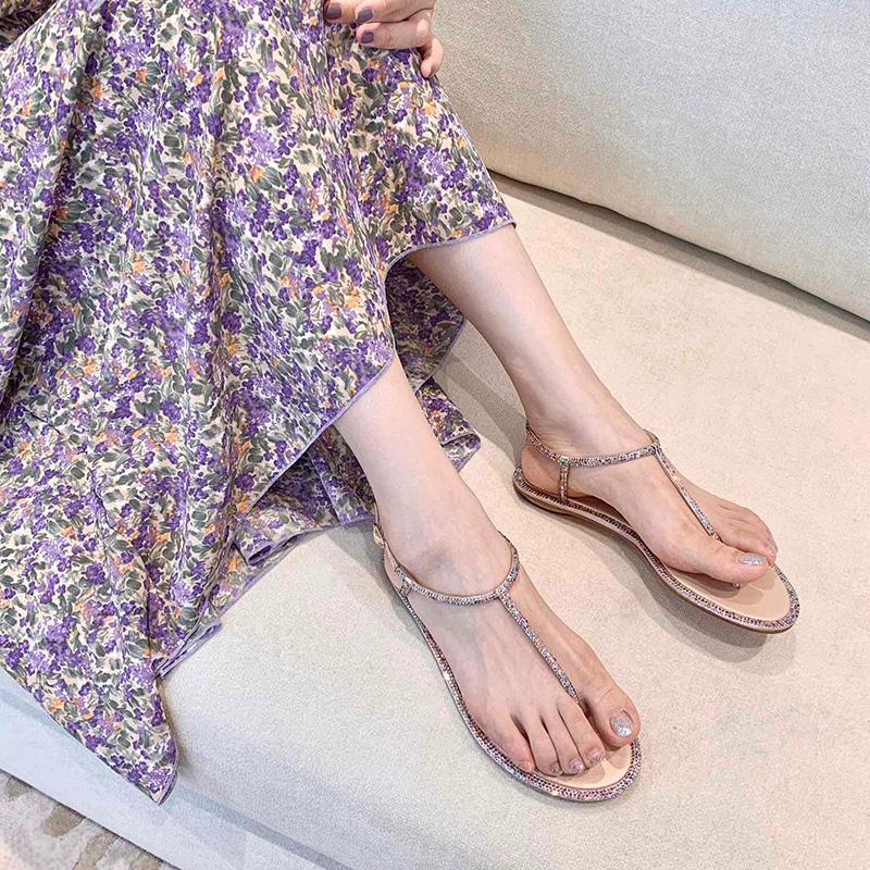 

Spring Summer Women's Shimmer Shiny Sandals Flats Luxury Designer Brand in Pastel / Black Sexy Party Shoes Diamond1, Beige