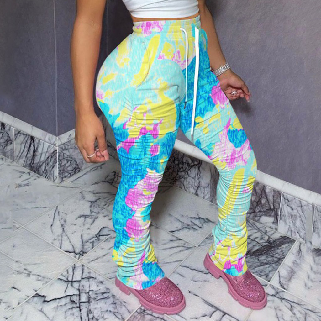 

Women Tie-dye Print Sports Pants Casual Elastic Waist Gym Sports Long Pants Outdoor Long Trousers Fashion Ladies #3, Blue