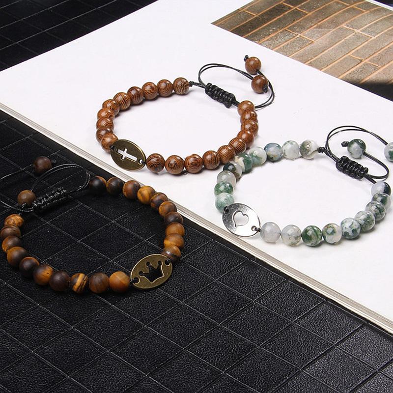 

Hollow Cross Crown Heart Copper Sheet Charm Bracelet Natural Tiger Eye Moss Agates Stone Bracelet For Couple Female Jewelry Gift