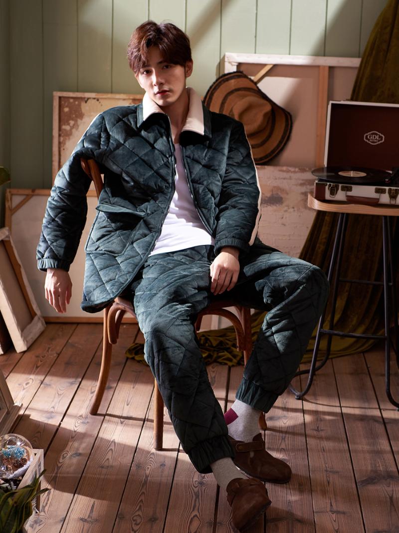 

Fashion classic men's super warm pajamas robe and pajamas suit, Green