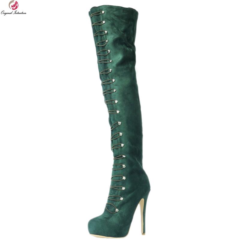 

Original Intention Gorgeous Women Over-the-Knee Boots Fashion Round Toe Thin Heels Boots Green Shoes Woman Plus US Size 4-20, Ef0636