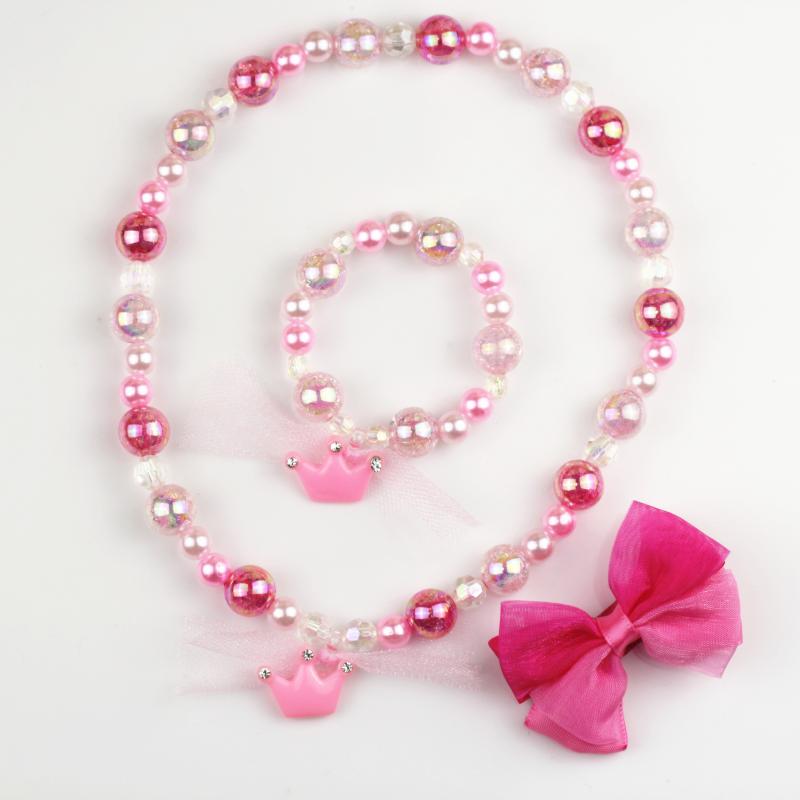 

3Pcs Set Pink Crown Princess Pendants Bead Necklace Bracelets Hairpins Set Fashion Baby Kids Party Favors Necklace SB7