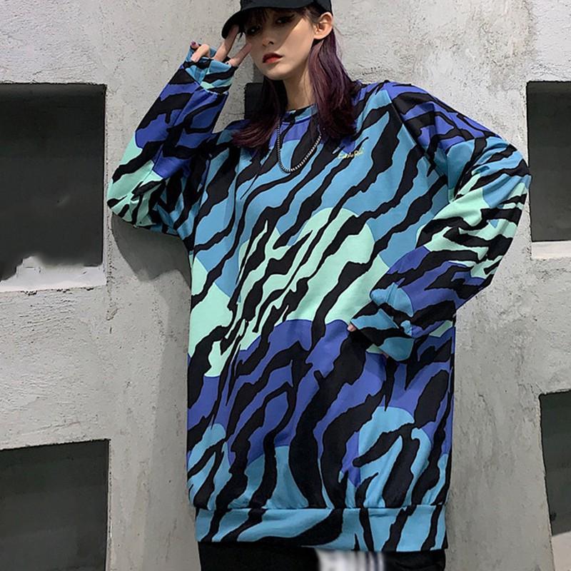 

Women' s Round Neck Print T-Shirt Fall New Fashion Loose Korean Mid-length Long Sleeve T-Shirt Top Women, Blue