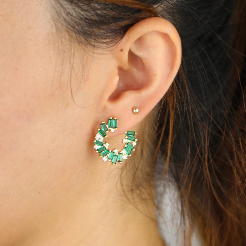 

2021 Gold color baguette geometric fashion women Wedding trendy sparking bling Green White cz Round circle earring jewelry gifts