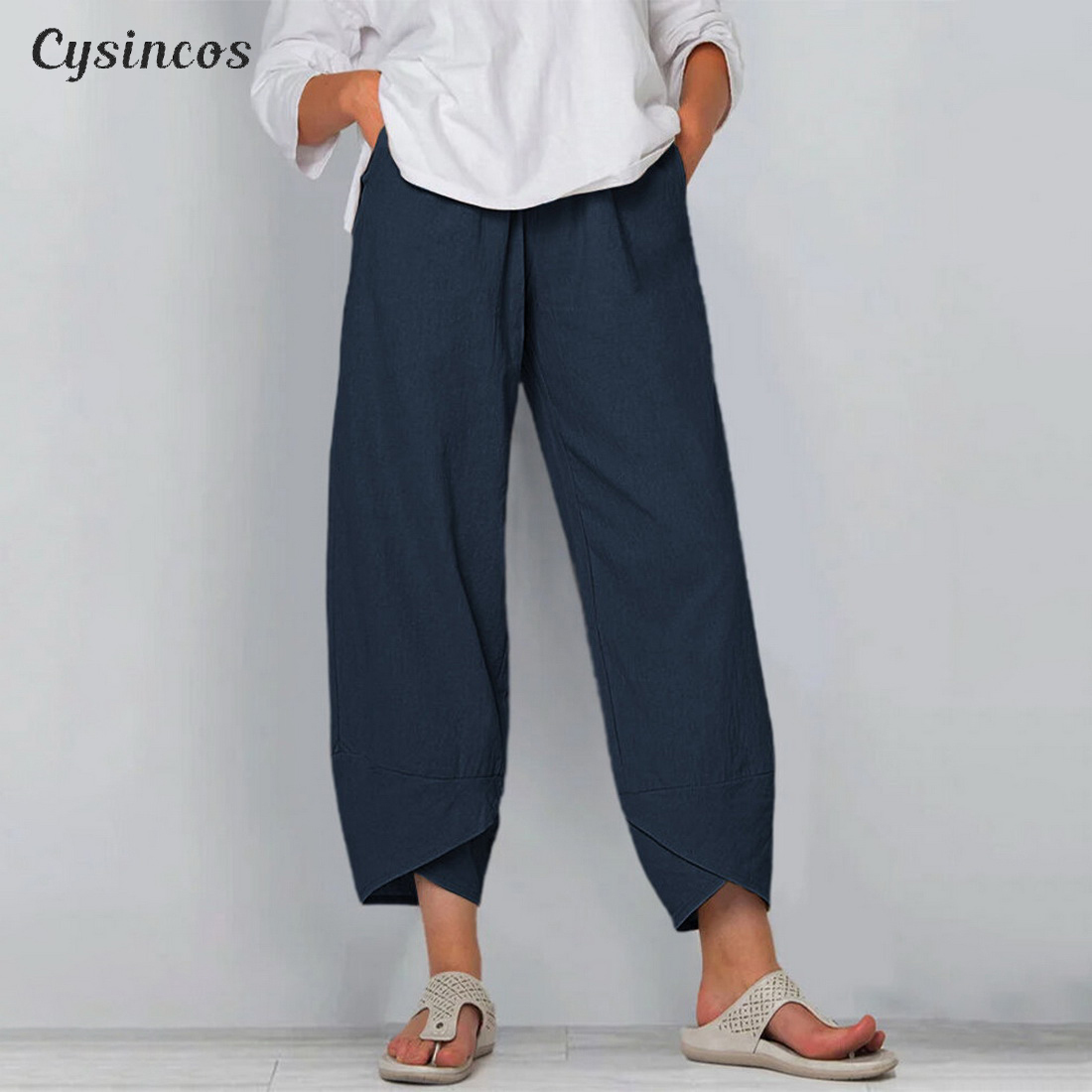 

CYSINCOS Vintage Linen Pants Women's Summer Trousers Casual Elastic Waist Asymmetrical Pantalon Female Cropped Pants Oversized 201113, B grey