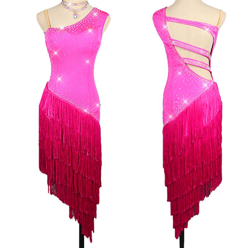 

2020 Latin Dance Dress Rose Pink Dress Competitive Rhinestone Fringe Skirt Salsa Flapper Latin Clothing BL2840, Only dress