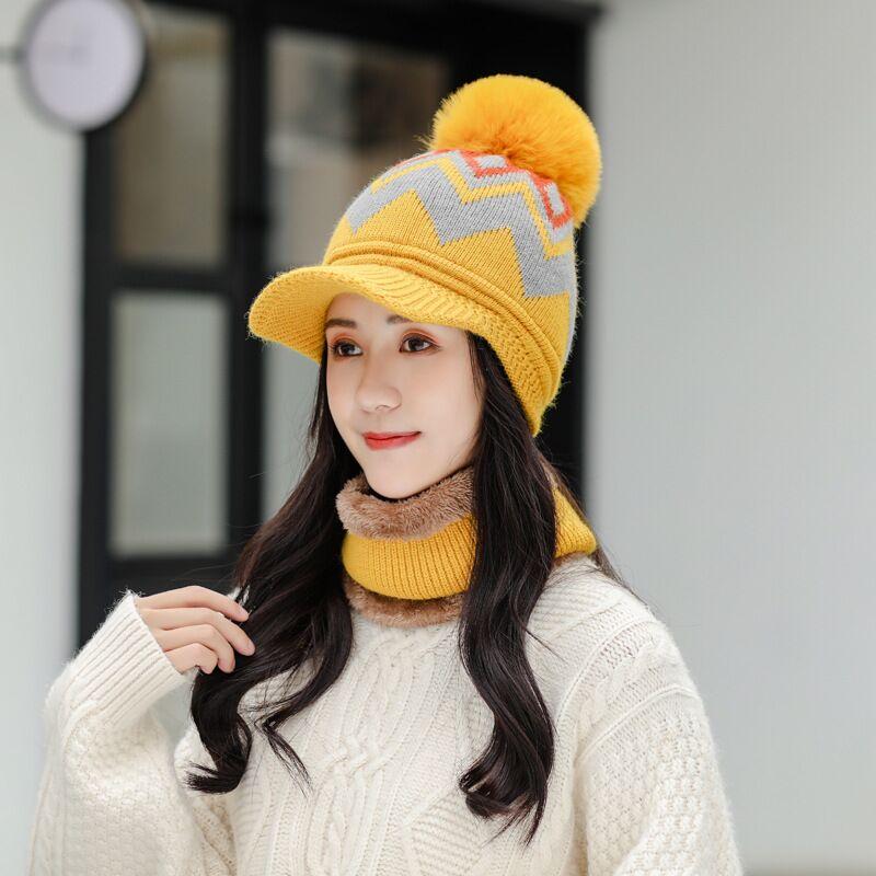 

2020 New Winter Hats Women With Bib Cute Warm Wool Hat Female Thick Riding Ear Cap Windproof Knit Hat Skullies Beanie Caps Set, Yellow