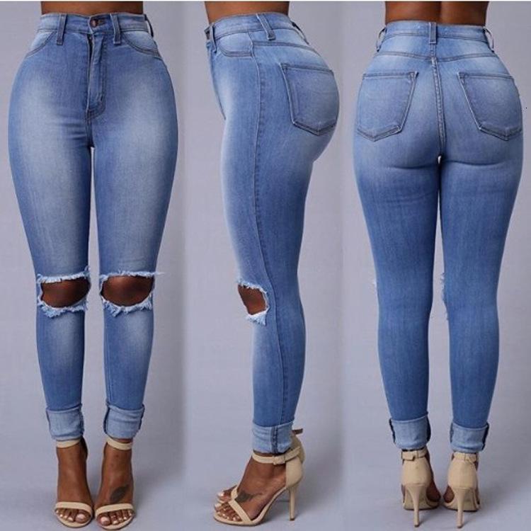 

Fashion Knee Big Hole Ripped Jeans For Woman High Rise Stretch Skinny Denim Pencil Pants Women Sexy Push Up Blue Jeansy Female, Dark black