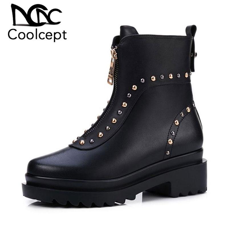 

CoolCept Genuine Leather Ankle Boots Women Ins Fashion Rivets Zipper Flats Shoes Women Winter Autumn Gothic Boots Size 34-39, Black