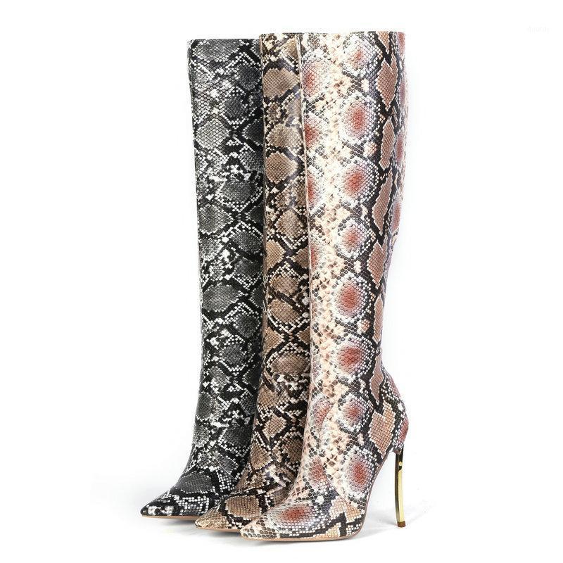 

Women Snake Print Knee High Boots Fashion Slip On Thin High Heel Long Boots Ladies Pointed Toe Autumn Winter Shoes Size34-451, Coffee