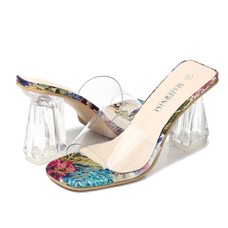 

Ladies Transparent PVC Slippers Fingerless Square Heel Sandals, Silver-black