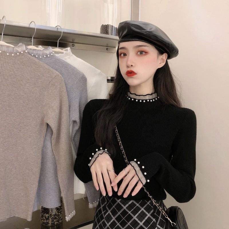 

Beading Turtleneck Sweater Korean Fashion Black White Gray Khaki Knitted Pullover Sweater Women Spring Autumn Long Sleeve Tops