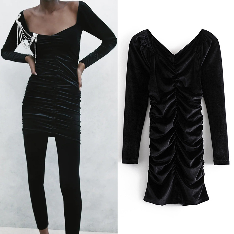 

2021 New Black Velvet Women Fall Winter Ruched v Neck Long Sleeve Mini Dress Woman Vintage Slim Sexy Ladies Dresses 01go