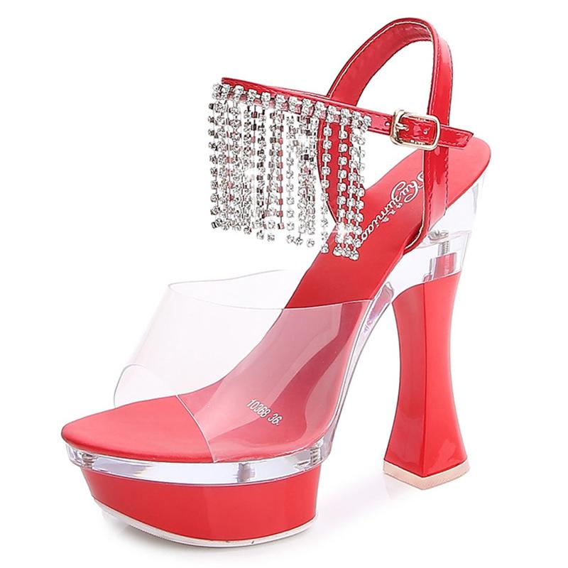 

14cm high heel platform thick heel sandals women pole dancing t-stage non-slip large size sexy all-match shoes, Red