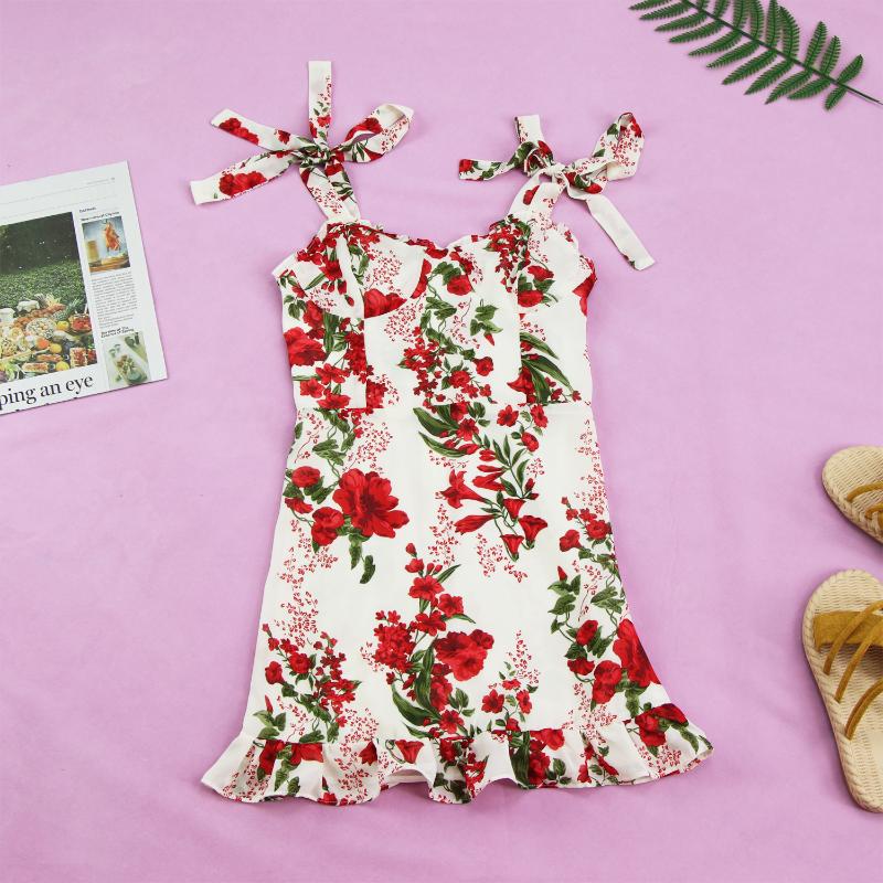 

French 2020 Summer Flower Print Tie Bow Spaghetti Strap Short Dress Retro Women Wood ear Ruffles Hem Ruched Back Sling Dresses, Multi