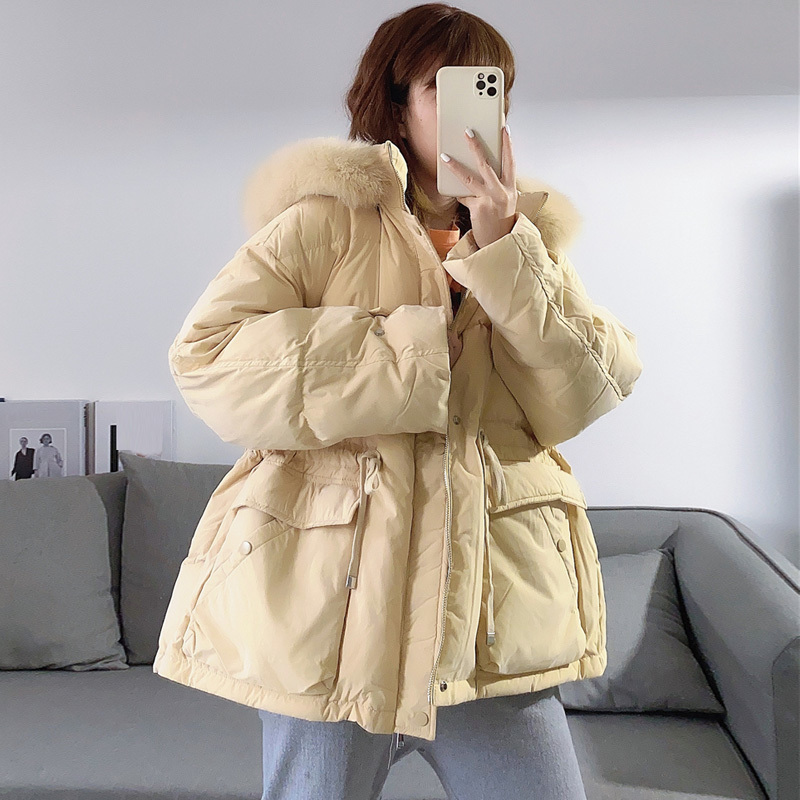 

2021 New Real Skin Winter Thick Warm with Loose Hood Parkas 90% White Down Women' Puffer Jacket P53B, Yellow fox fur