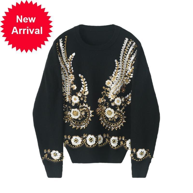 

Autumn 2021 New Female Fashions Luxury Beads Floral Blouses Track New Heavy Design Knitting Industry Pullovers 48KI, Beige