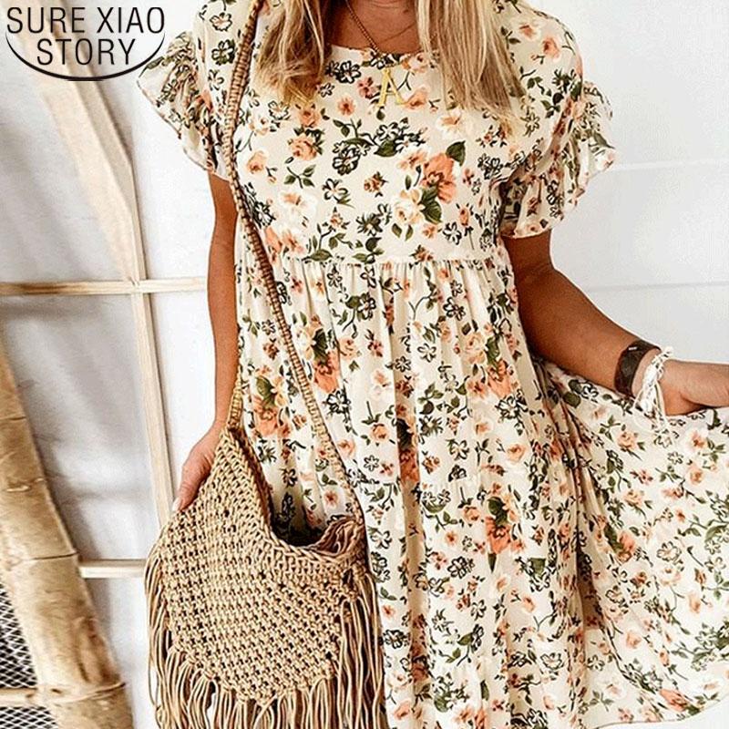 

Casual Dresses 2022 Summer Chiffon Dress Floral O-Neck Butterfly Sleeve For Women Loose Long Fashion Vestido 14486, Black;gray