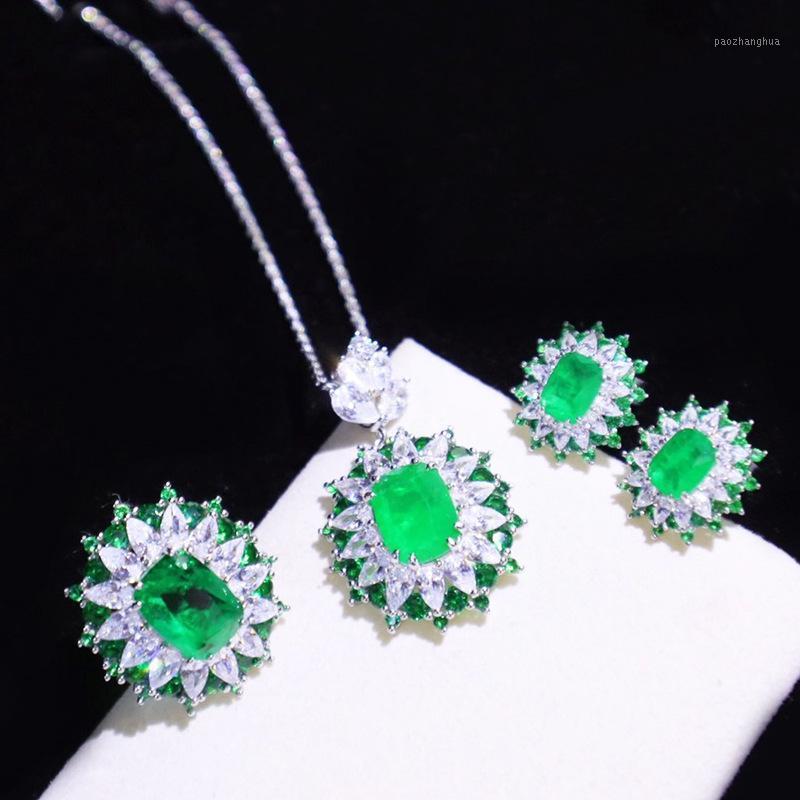 

Earrings & Necklace Exquisite 925 Sterling Silver Jewelry Set Emerald Gemstone Rings Fine Women Color Treasure
