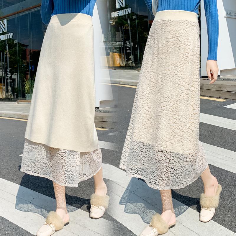

Faldas Mujer Moda 2020 Autumn Winter Lace Knitted Skirt Fashion Korean Black High Waist Jupes Pour Femmes Midi Skirts for Women