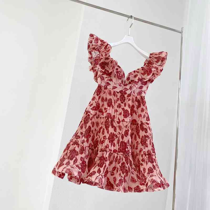 

Casual Dresses summer V-neck A-line small fresh super fairy French sweet floral dress waist shoulder skirt F5HY, Red