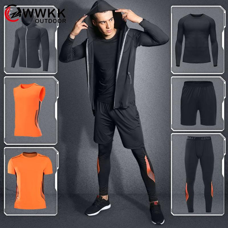 

WWKK Men's Yoga Shorts+Hooded Coat+T Shirt+Vest+Long Sleeve Tee+Pants 6 Pieces Set Outdoor Running Quick Dry Fitness Sports Sets, 6 piece set 1