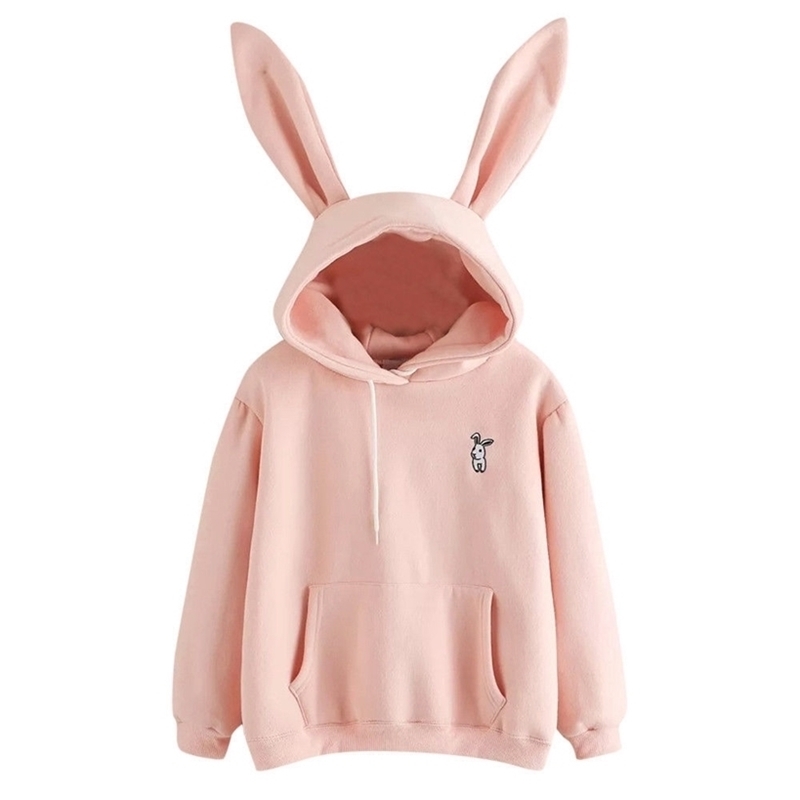 

Women Cute Bunny Print Hoodie Casual Loose Long Sleeve Sweet Kawaii Rabbit Ears Sweatshirt Pullover Plus Size Tops Sweatershirt 201216, White t-shirt