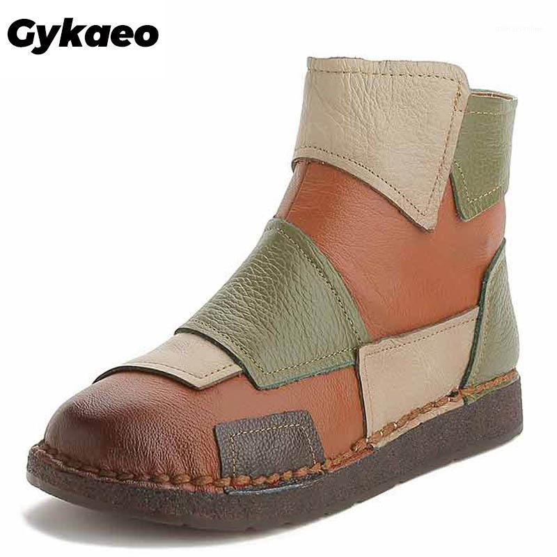 

Gykaeo 2020 Autumn Winter Real Genuine Leather Women Boots Retro Handmade Mixed Colors Warm Ankle Boots Women Flat Casual Shoes1, Orange