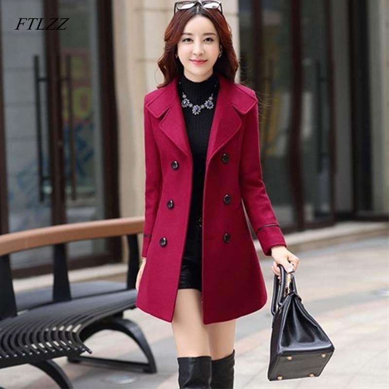

FTLZZ Women Wool Blend Warm Long Coat Plus Size Female Slim Fit Lapel Woolen Overcoat Autumn Winter Cashmere Outerwear 201104, Burgundy
