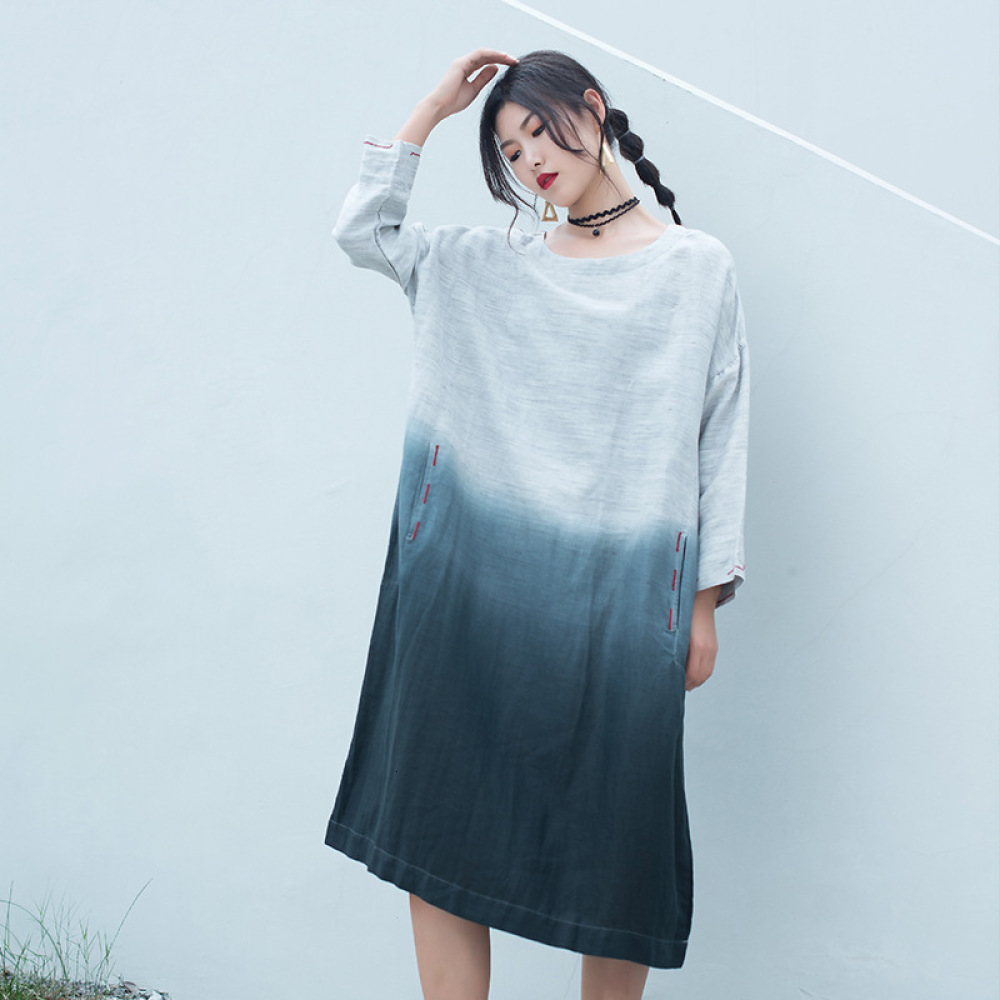 

Fashion Round Neck Sleeves Rendering Contrast National Style Cotton Linen Leisure Dress with Pockets Zhx1, Gray